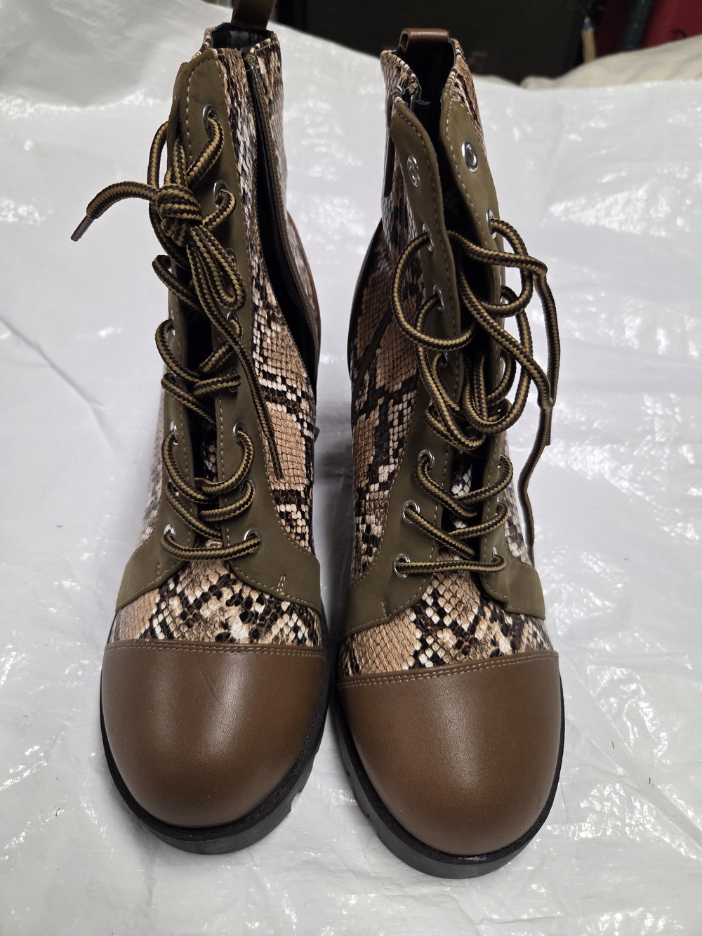 Unlisted Brown and Olive Snake-Print Lace-Up Combat Boots
